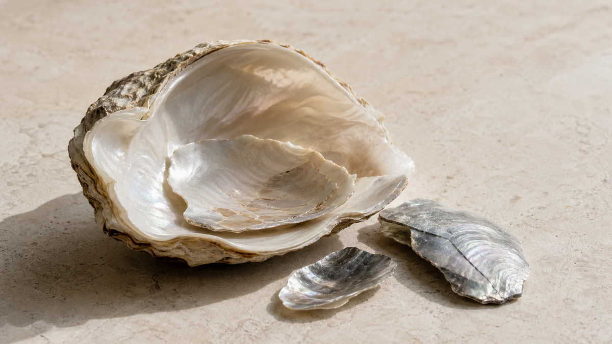 Raw white and grey mother of pearl shells arranged in a protective layered composition on warm stone.
