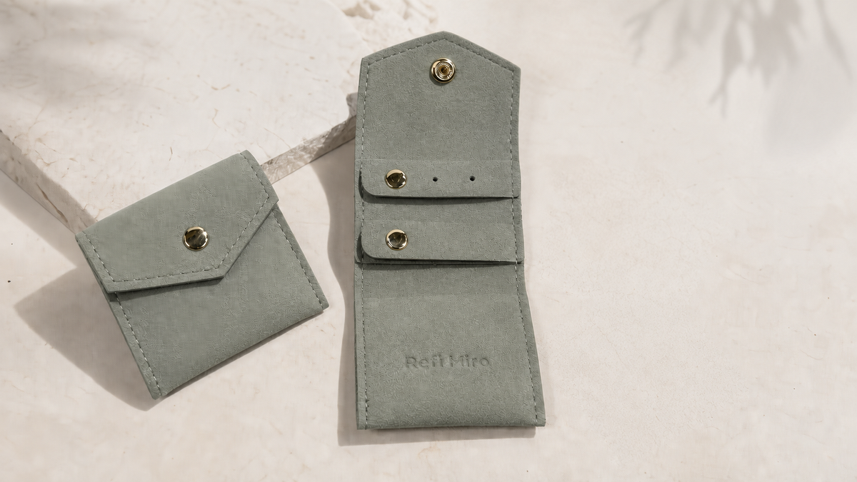Open and closed Refi Miro soft jewelry pouches arranged on a warm stone surface for separate storage.