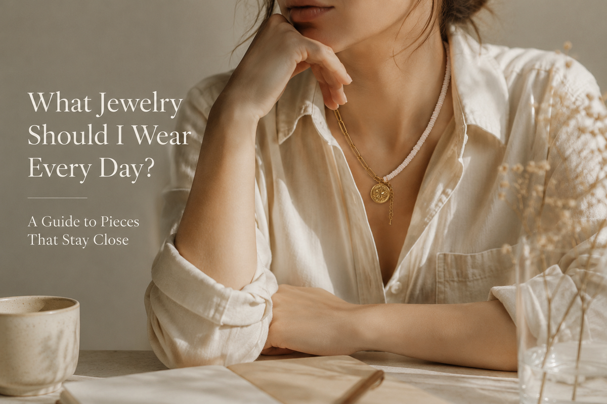 Woman in a white shirt wearing an asymmetrical gold and pink beaded pendant necklace beside a notebook and cup
