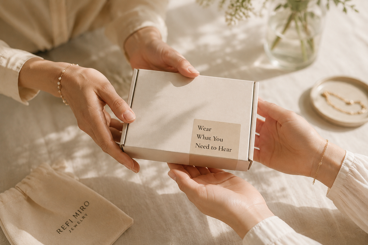 Hands exchanging a sealed Refi Miro jewelry box in warm natural light