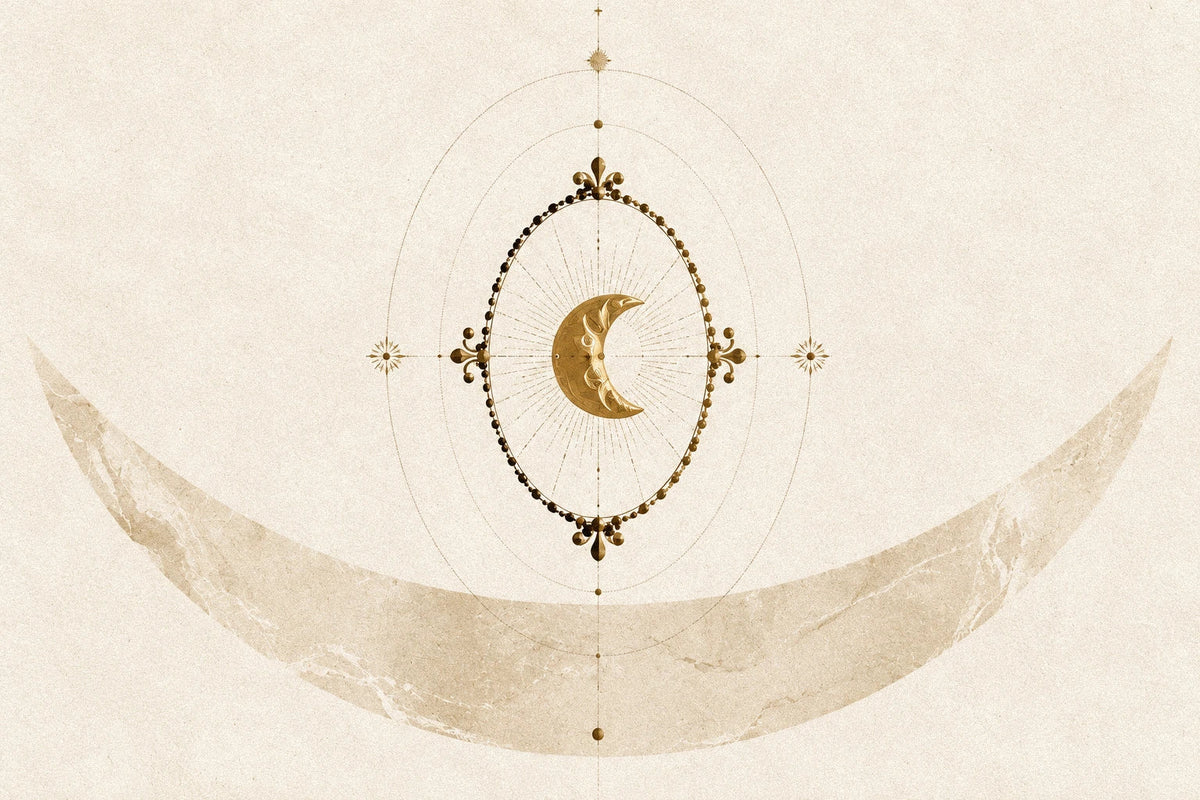 Gold crescent moon illustration in an oval frame above a pale gold arc on textured ivory paper