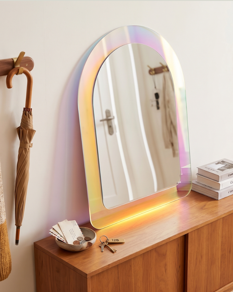 Arched iridescent magnetic mirror with warm LED light on a wooden cabinet beside an umbrella
