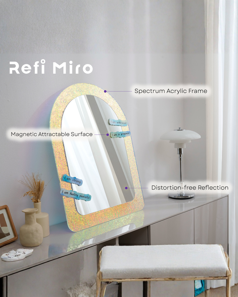 Refi Miro feature graphic showing iridescent arched mirror on a console with labels for magnetic attractable surface, spectrum acrylic frame, and distortion-free reflection