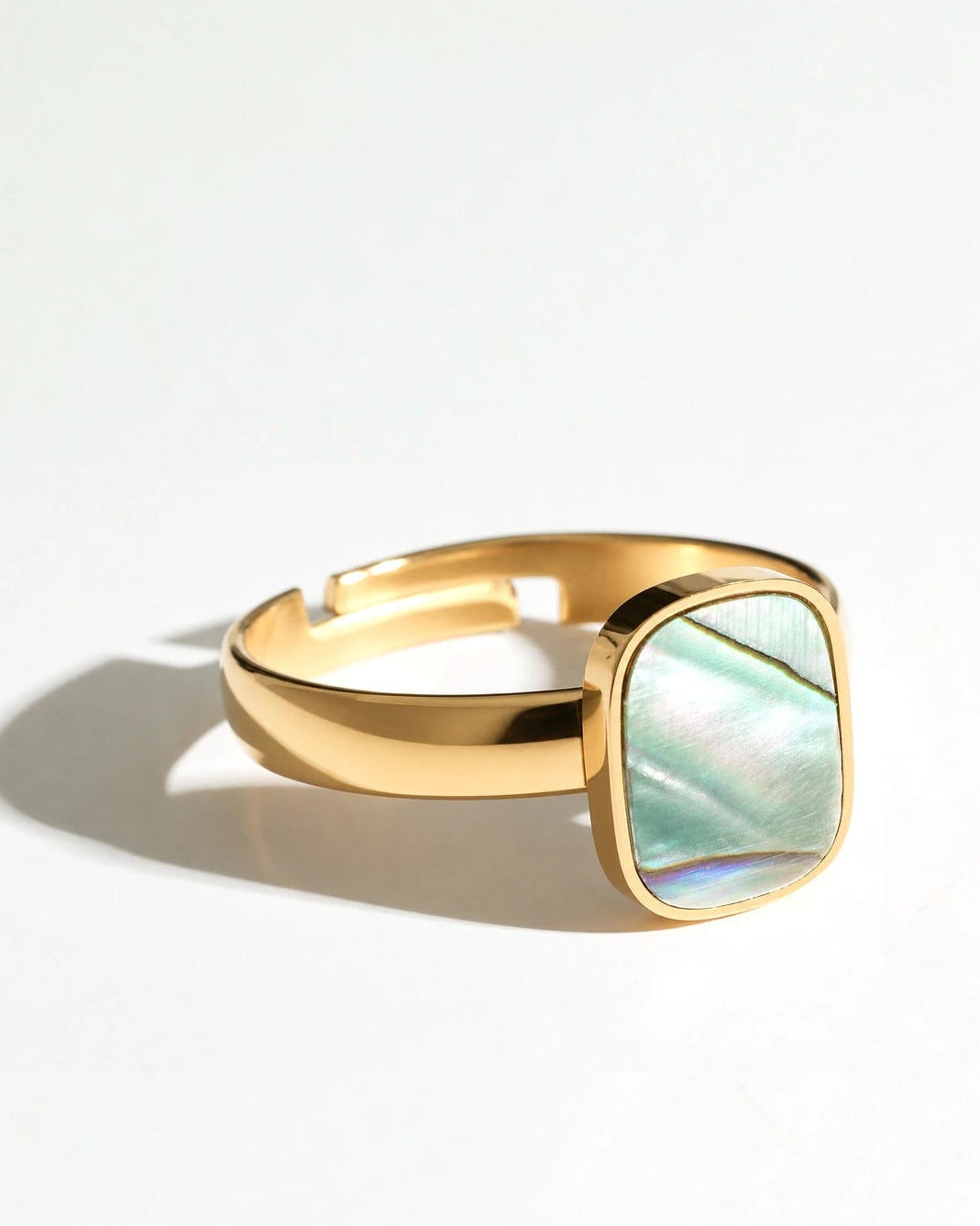 Tidal Stone Ring with square iridescent shell in a gold-tone setting