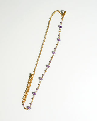 Full view of Lavender Drift Bracelet with purple stones and fine gold-tone chains