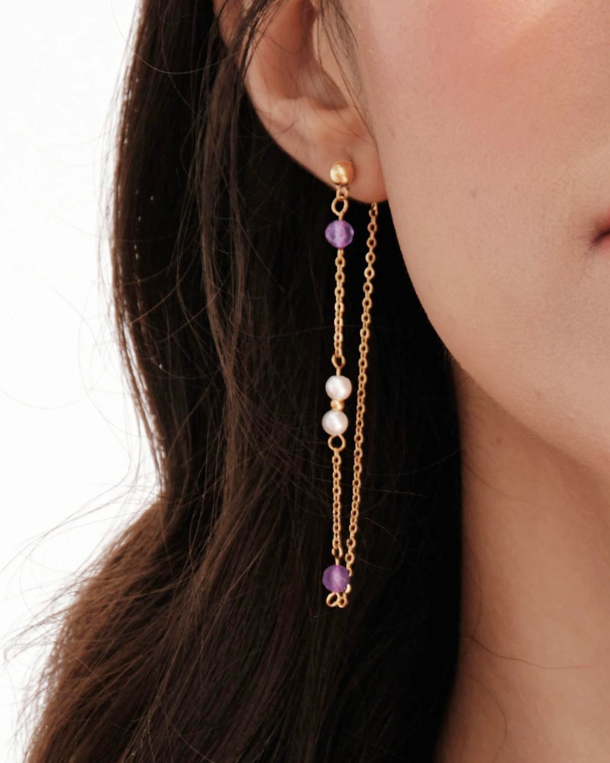 Model wearing the Lavender Drift Drop Earrings