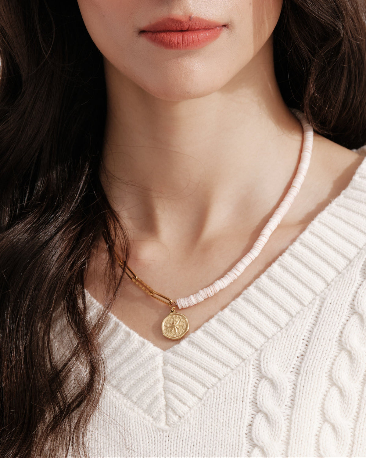 Pink Shell & Sunburst Paperclip Necklace