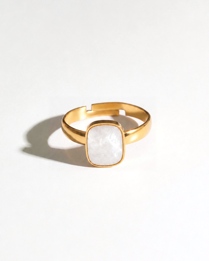 Tide Stone Ring with rectangular white shell inlay in a gold-tone setting