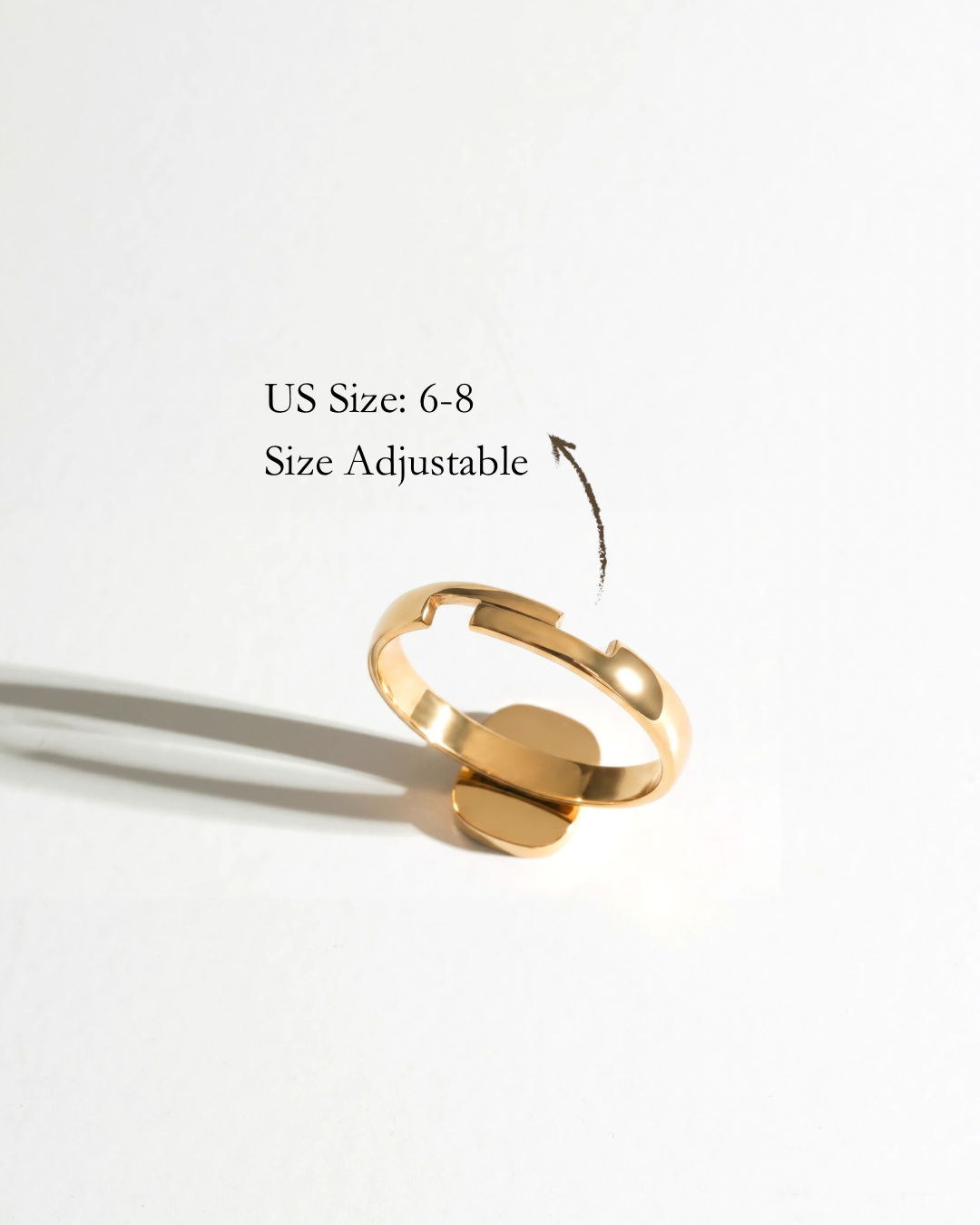 Adjustable gold ring shown from the side with US size 6–8 guide