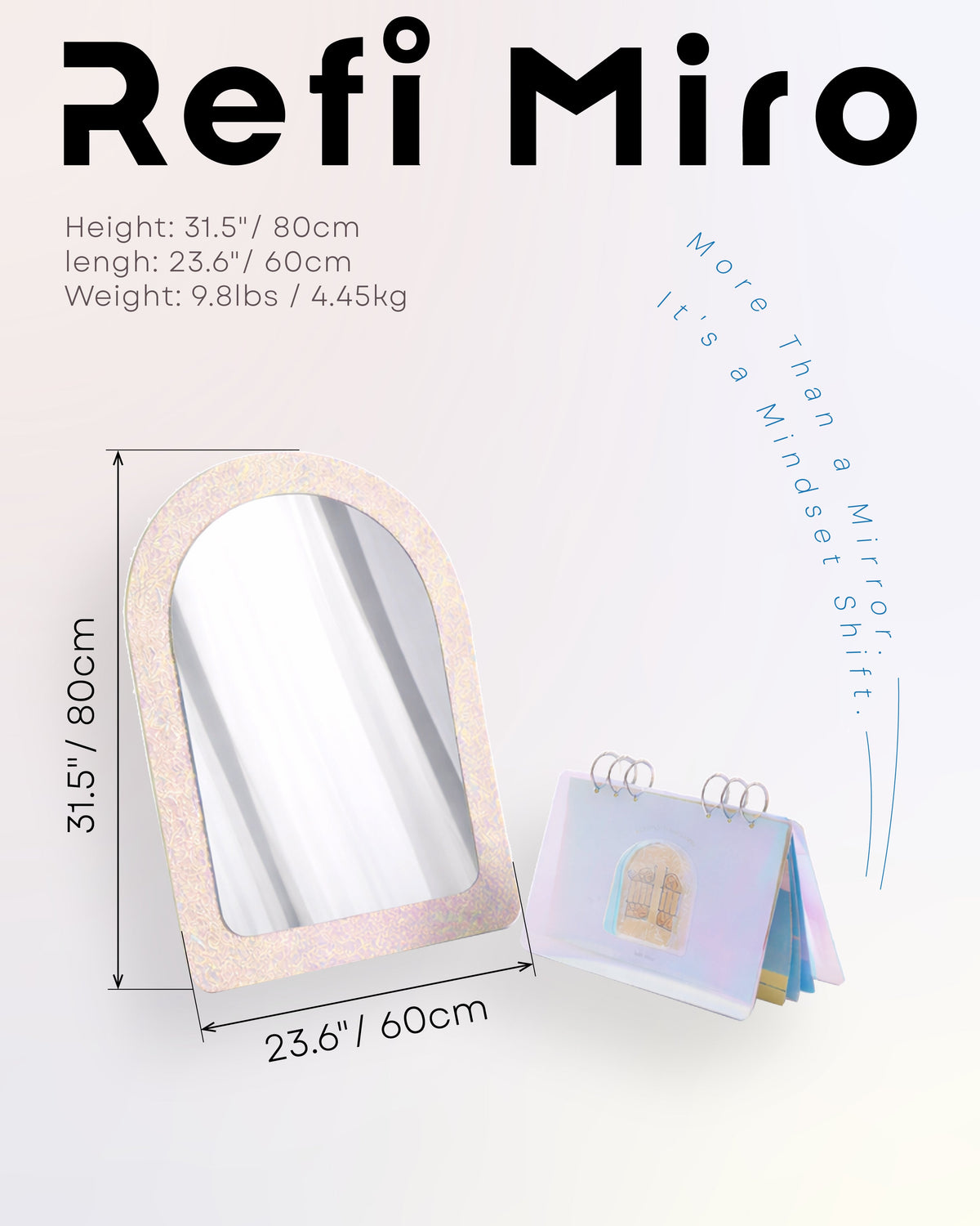Refi Miro mirror dimension graphic with arched mirror measurements and affirmation note booklet