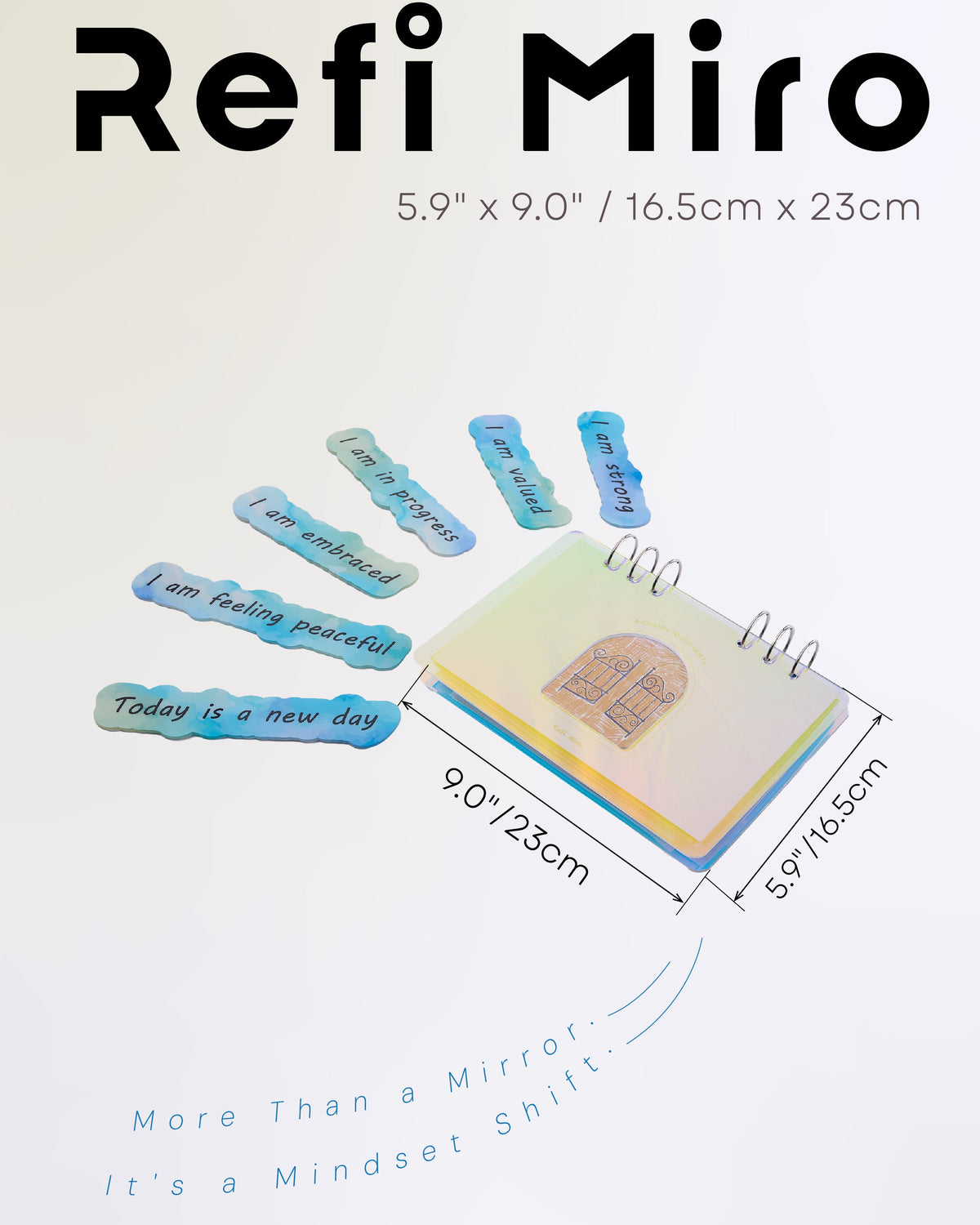 Refi Miro mirror size guide graphic showing dimensions and included affirmation notes