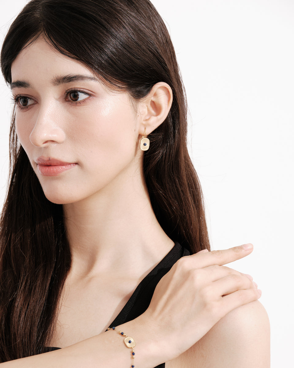 Gold Sunburst Leverback Earrings with Lapis Lazuli