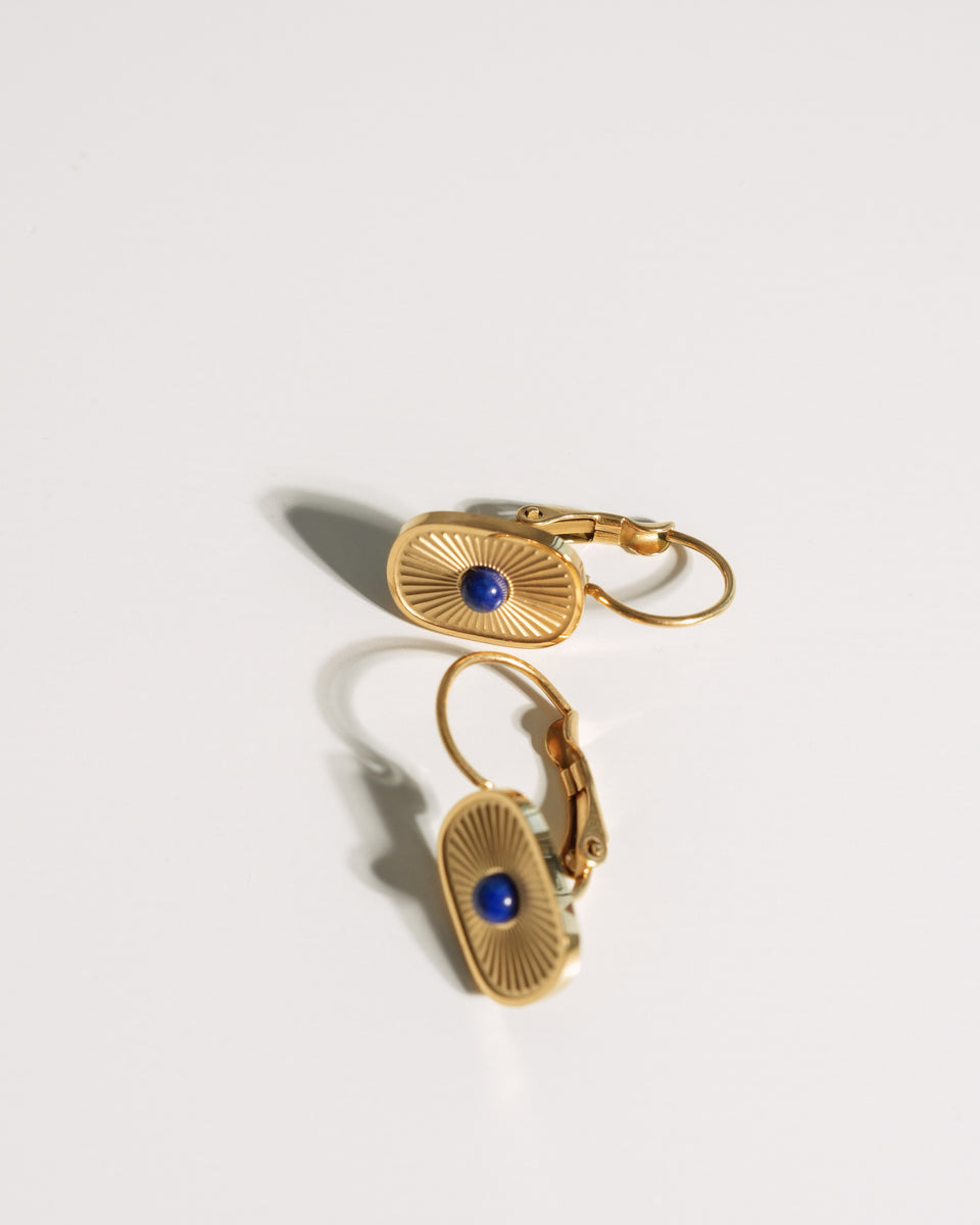 Gold Sunburst Leverback Earrings with Lapis Lazuli