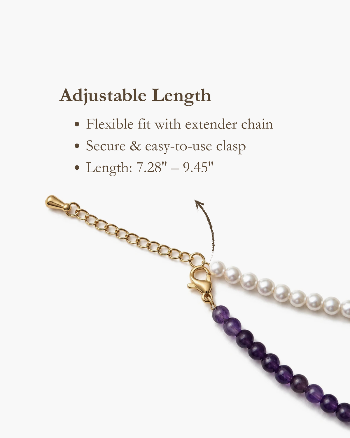 Amity Heart Bracelet pearl and amethyst strands with gold extender chain and clasp