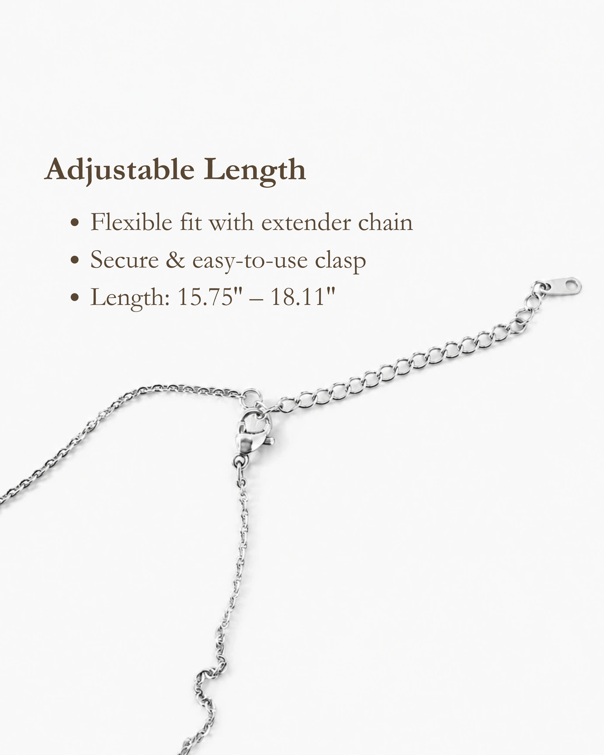 Silver Reflection Pendant Necklace extender chain and clasp on a white background