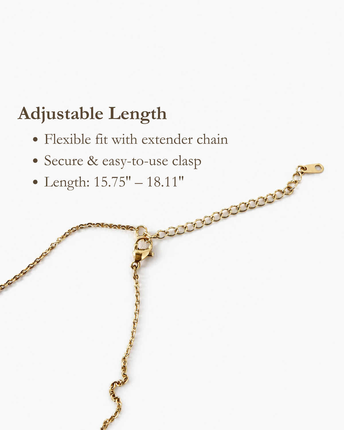 Gold Reflection Pendant Necklace extender chain and clasp on a white background