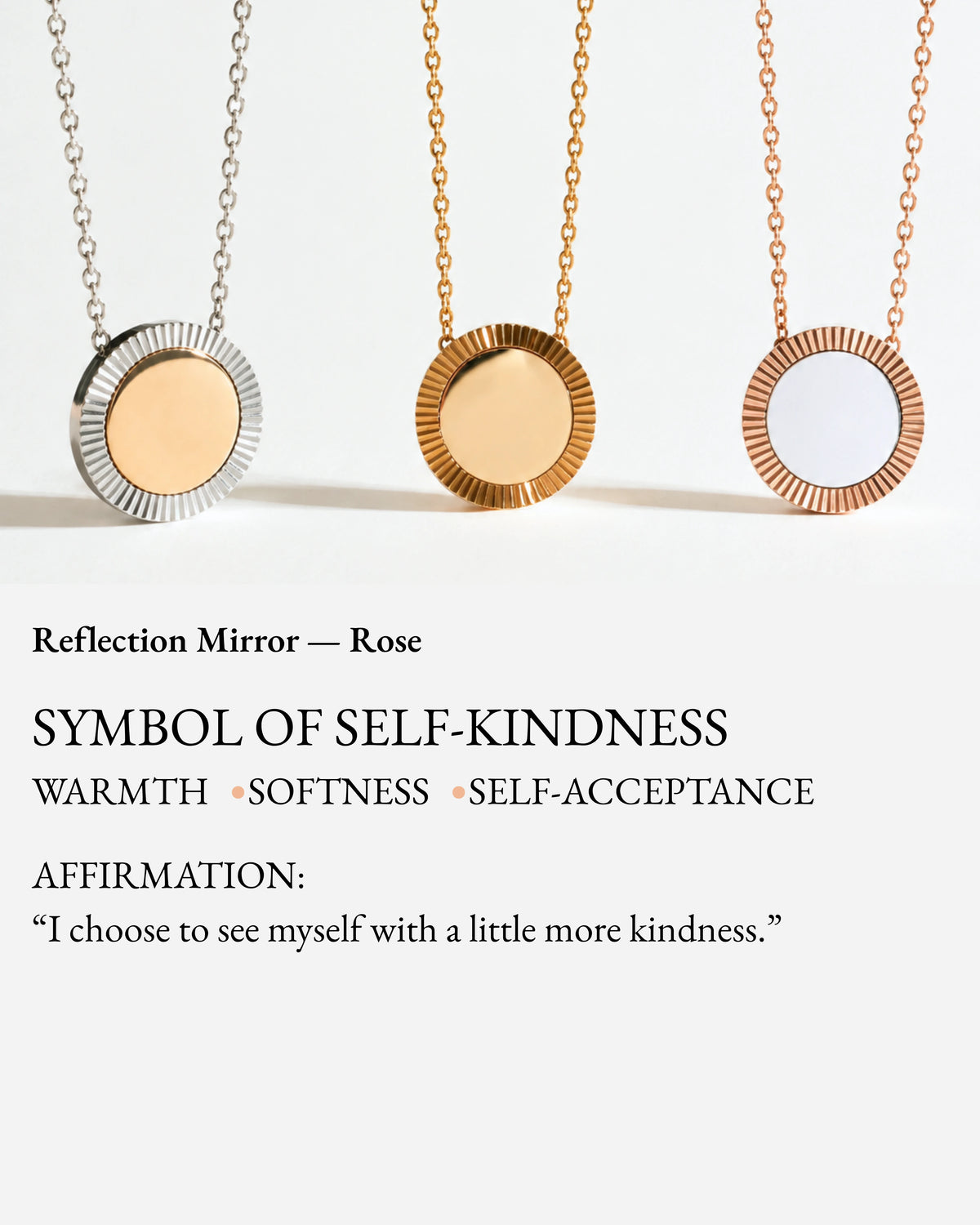 Rose Reflection pendant shown with silver and gold Reflection necklaces on a meaning card