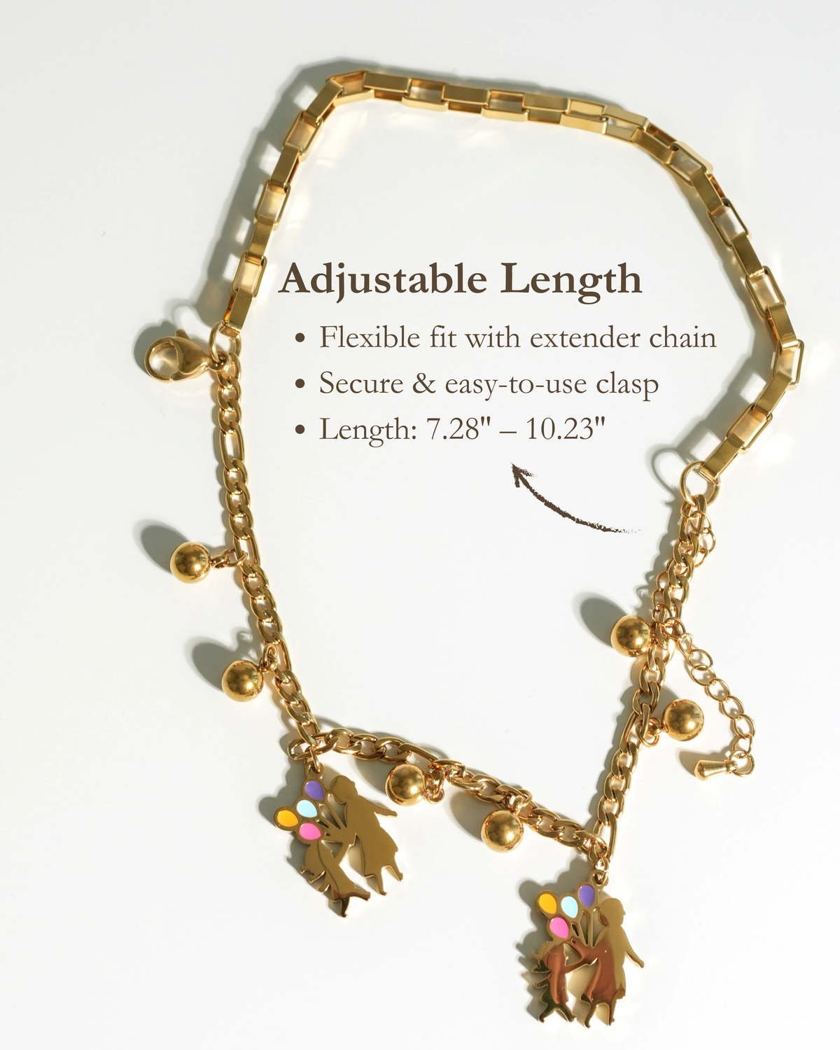 Guardian Talisman Bracelet with gold chain, extender, and colorful family charms