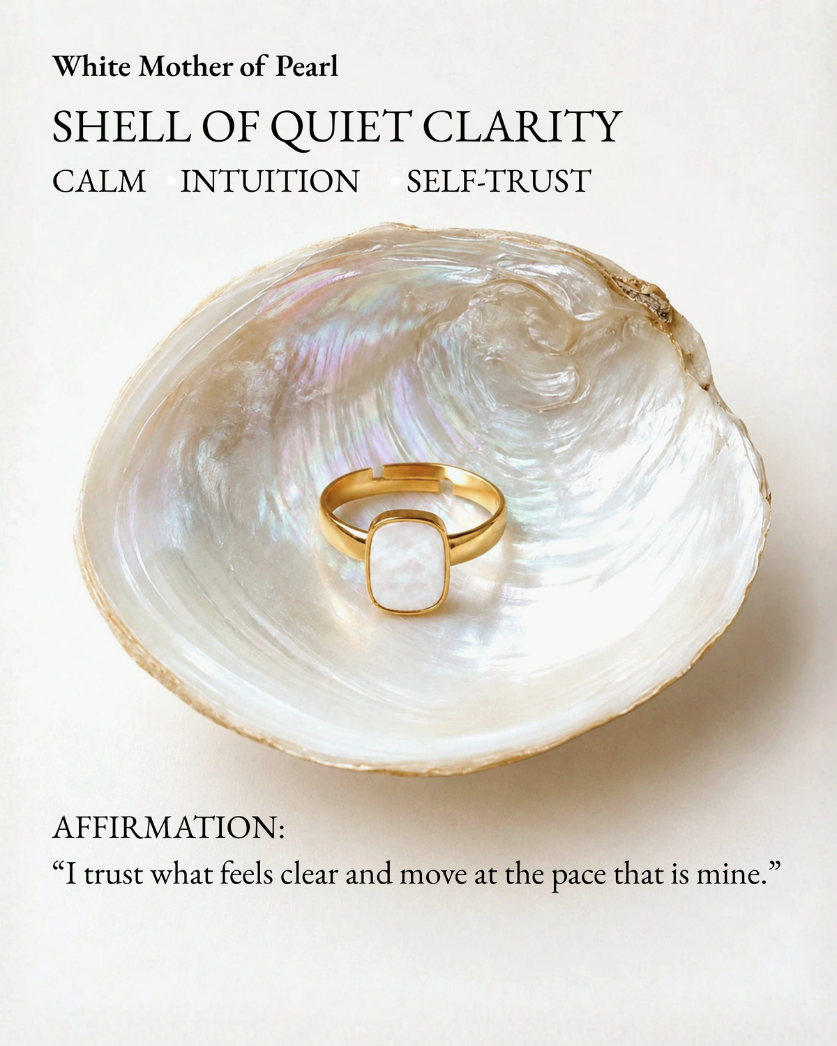 Tide Stone Ring displayed on a white mother-of-pearl shell meaning card