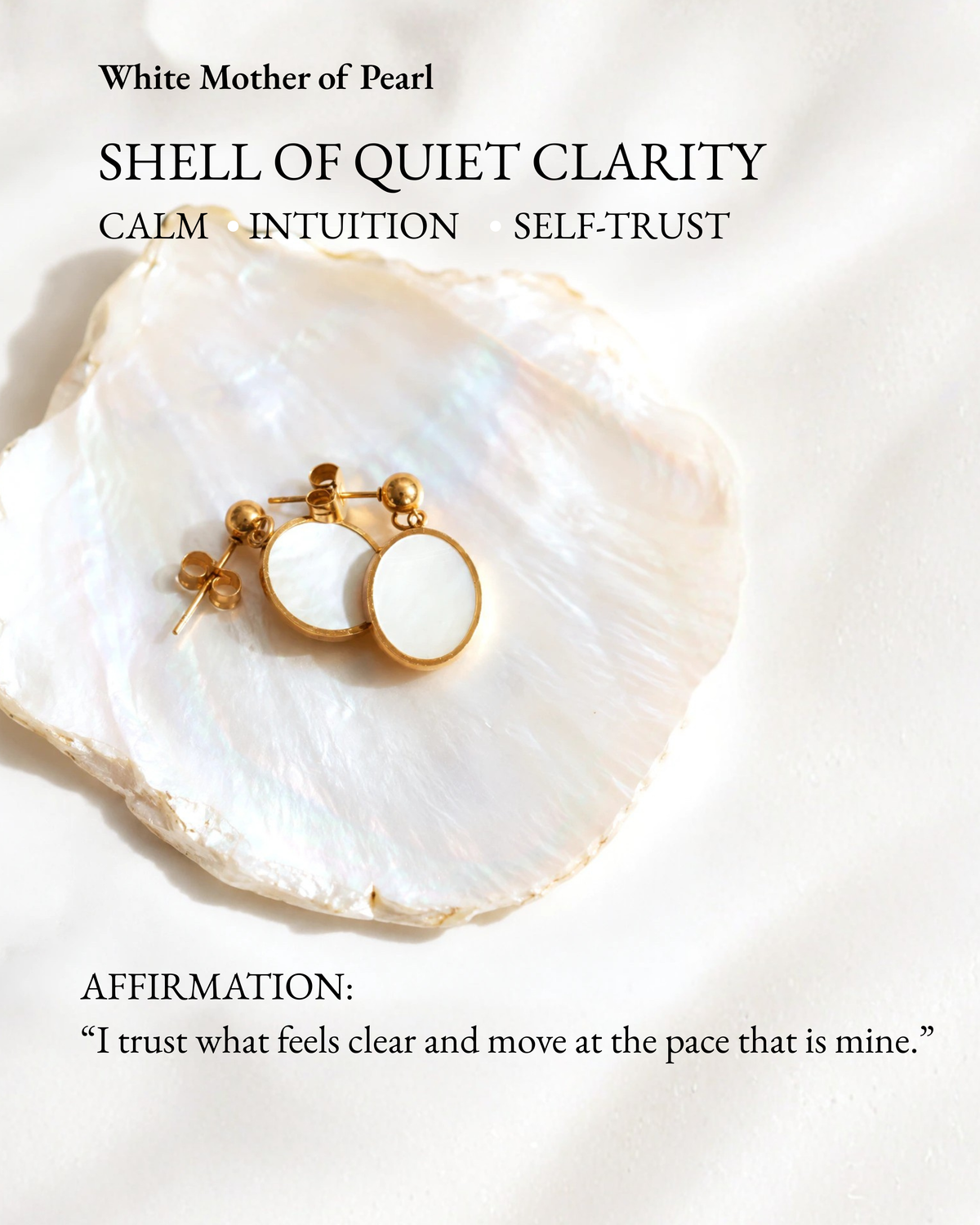 Tide Stone Stud Earrings displayed on a white mother-of-pearl shell meaning card