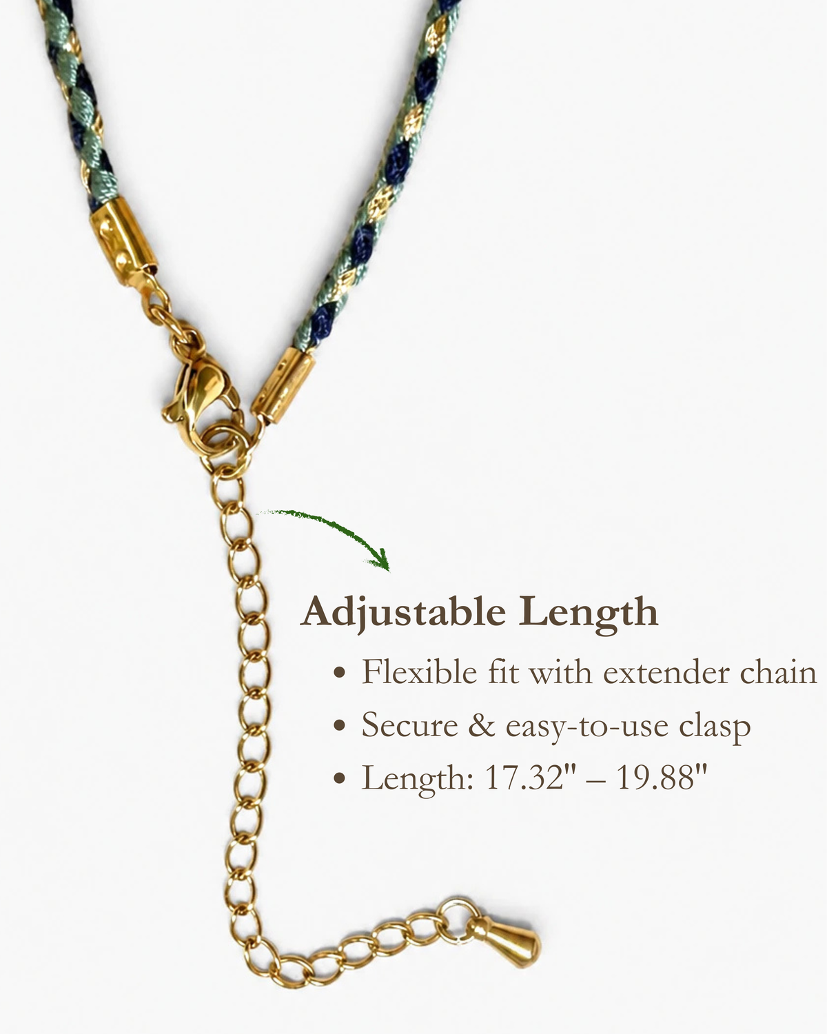 Verdant Amity Necklace braided cord, gold clasp, and extender chain in close-up