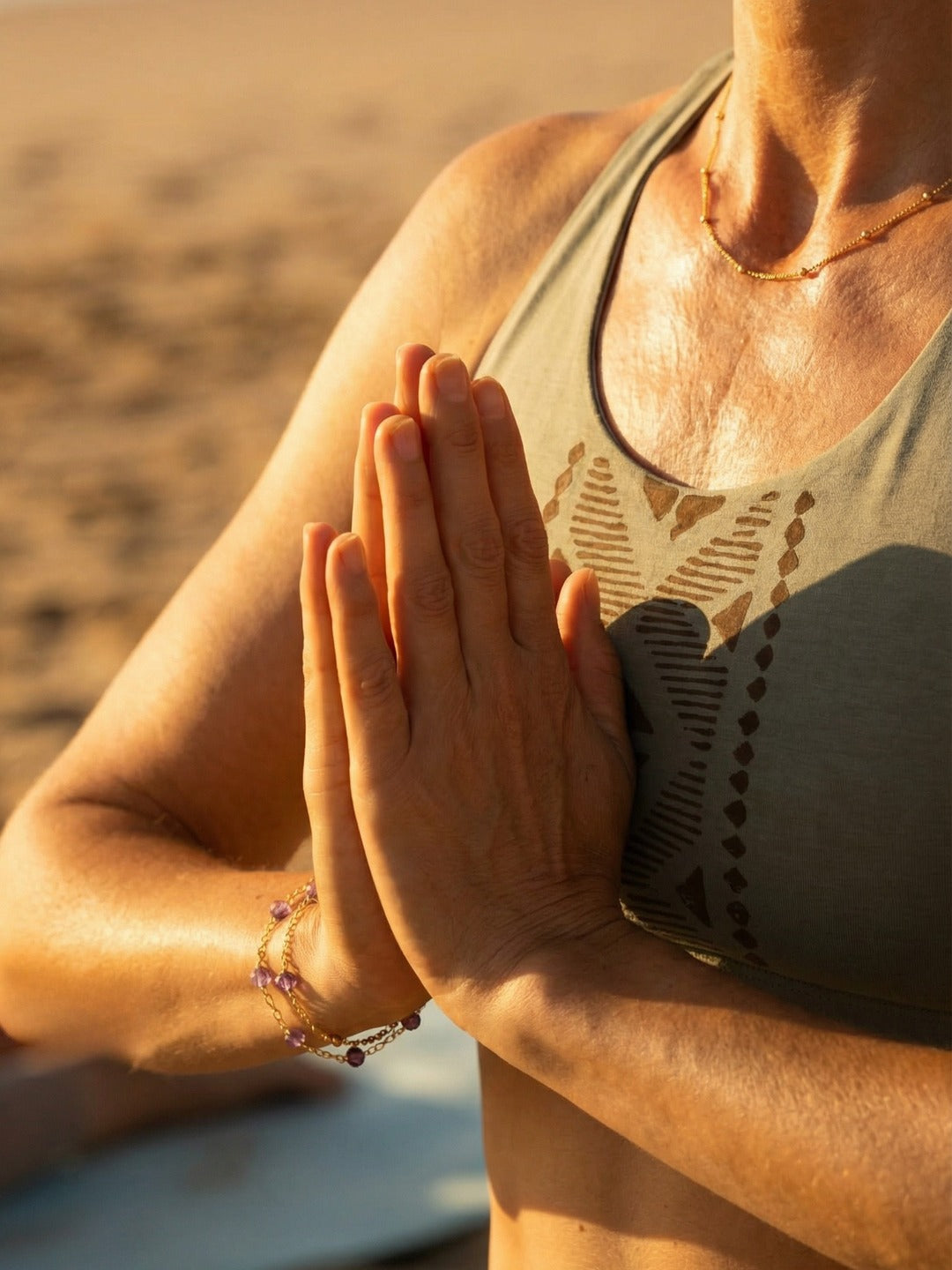 A bracelet worn during a calm sunrise ritual by the beach.