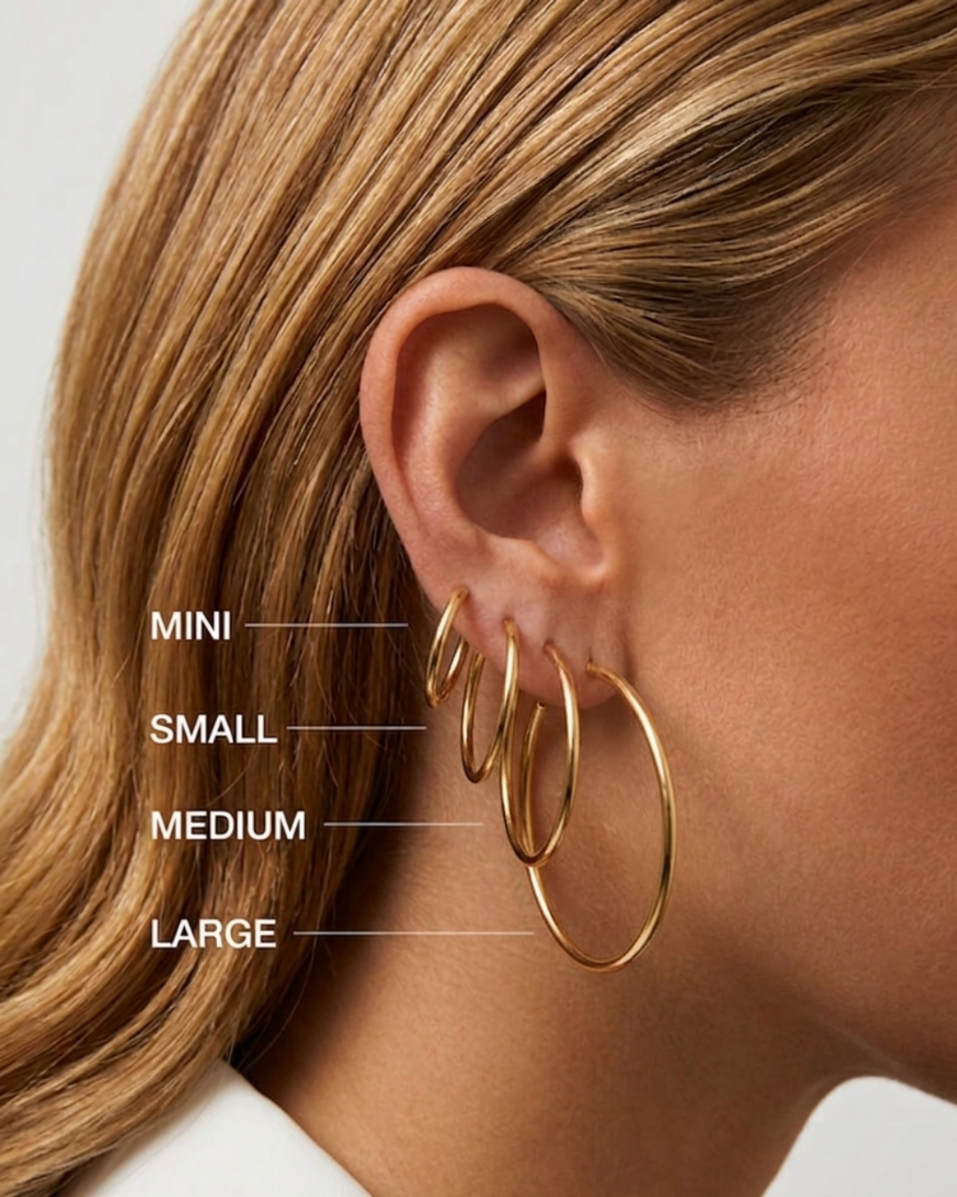 Earring size guide showing mini, small, medium and large hoops on ear