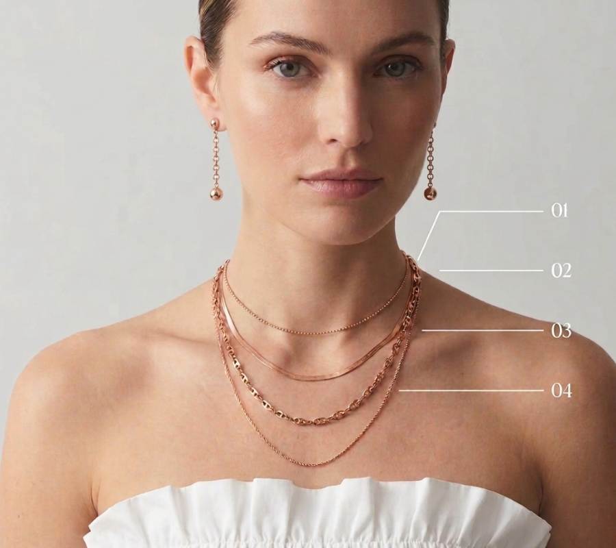 Necklace size guide showing four necklace lengths on model